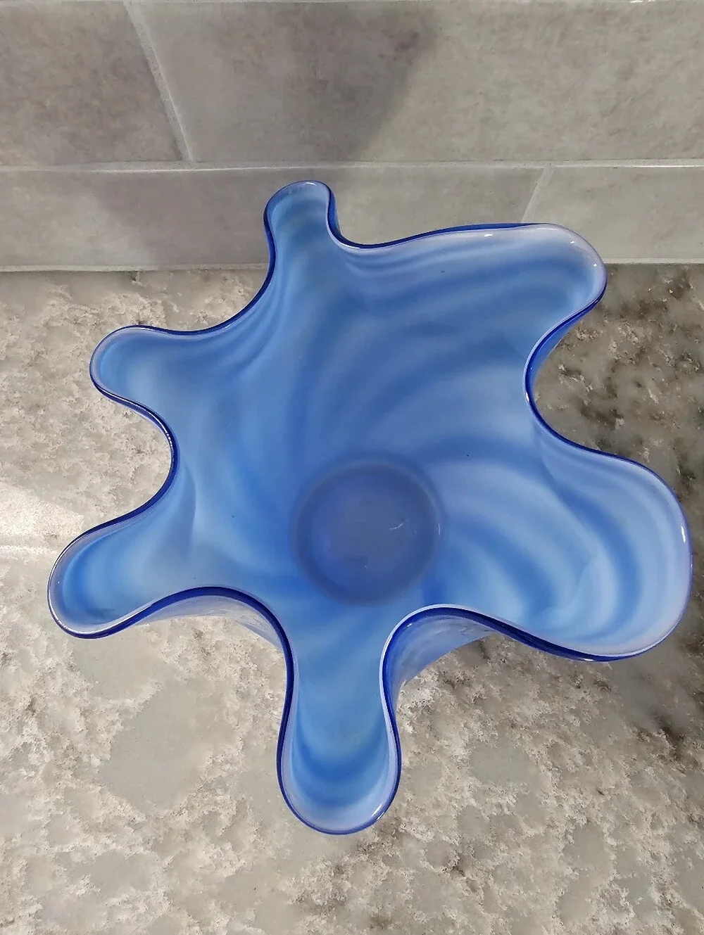 Vintage Cobalt Blue Handkerchief Vase Ruffled Edge Art Glass Swirl Murano Style